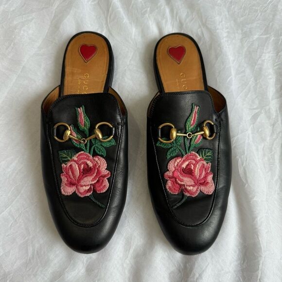 Gucci Princetown Floral Embroidered Leather Mules EU 36.5 - Picture 2 of 6